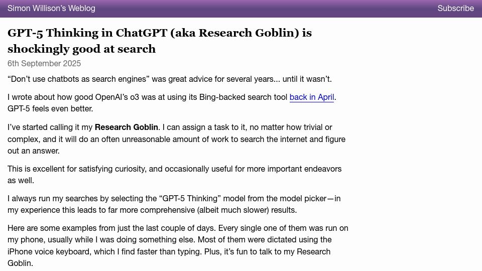 Screenshot of simonwillison.net: GPT-5 Thinking in ChatGPT (a.k.a. Research Goblin) is good at search