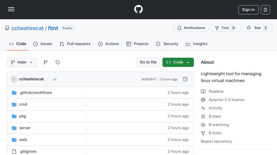Screenshot of github.com: Show HN: Lightweight tool for managing Linux virtual machines