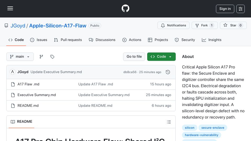 Screenshot of github.com: Apple A17 Pro Chip Hardware Flaw
