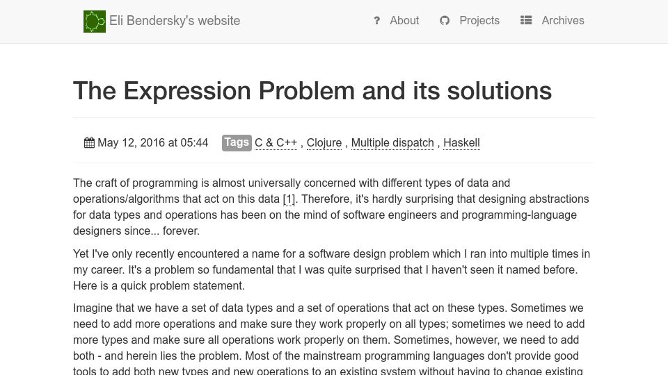 Screenshot of eli.thegreenplace.net: The Expression Problem and its solution