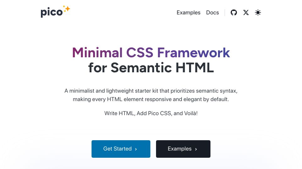 Screenshot of picocss.com: Pico CSS – Minimal CSS Framework for Semantic HTML