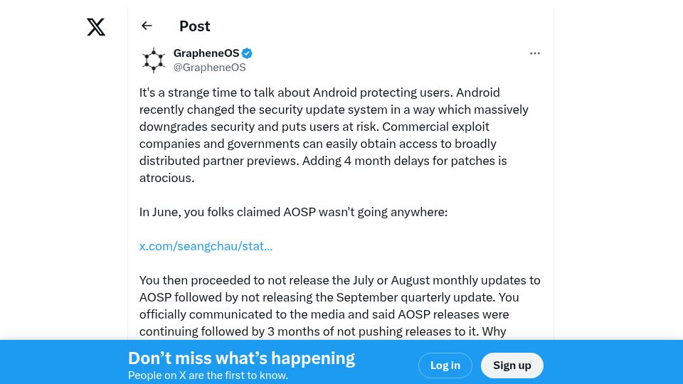 Screenshot of twitter.com: Delayed Security Patches for AOSP (Android Open Source Project)