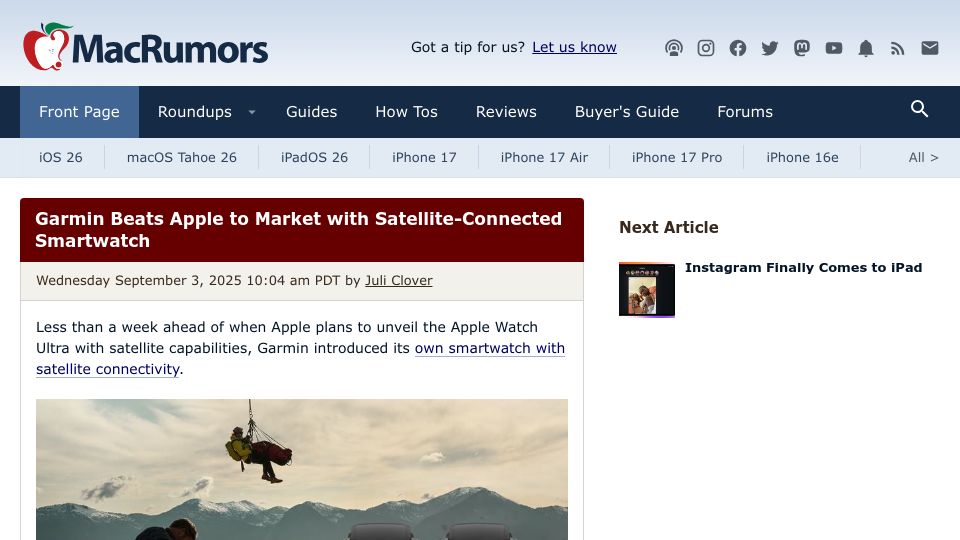 Screenshot of macrumors.com: Garmin beats Apple to market with satellite-connected smartwatch