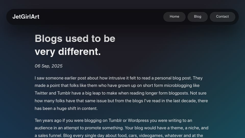 Screenshot of jetgirl.art: Blogs used to be different