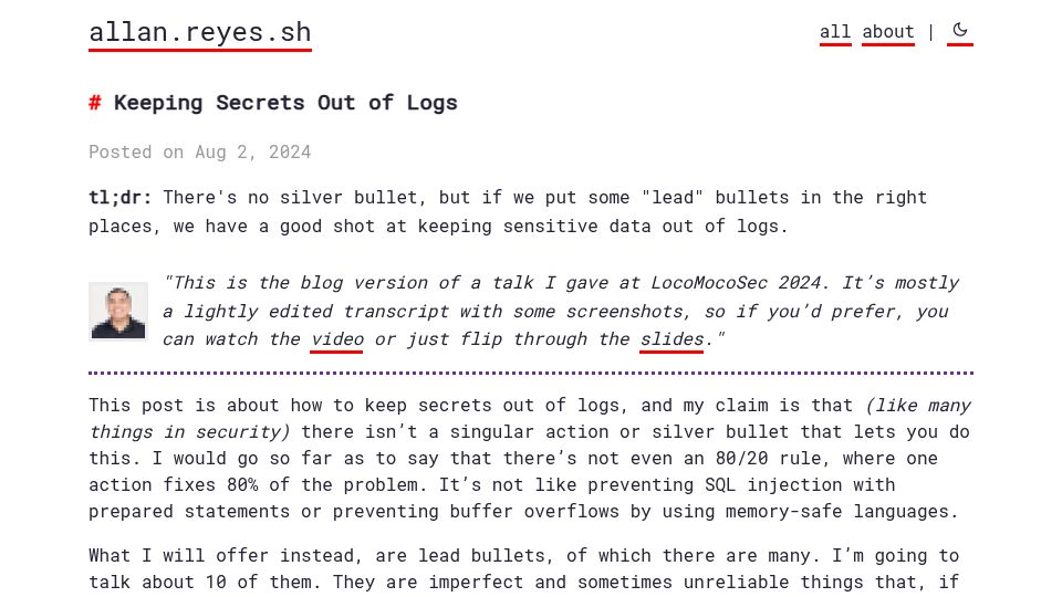 Screenshot of allan.reyes.sh: Keeping secrets out of logs (2024)