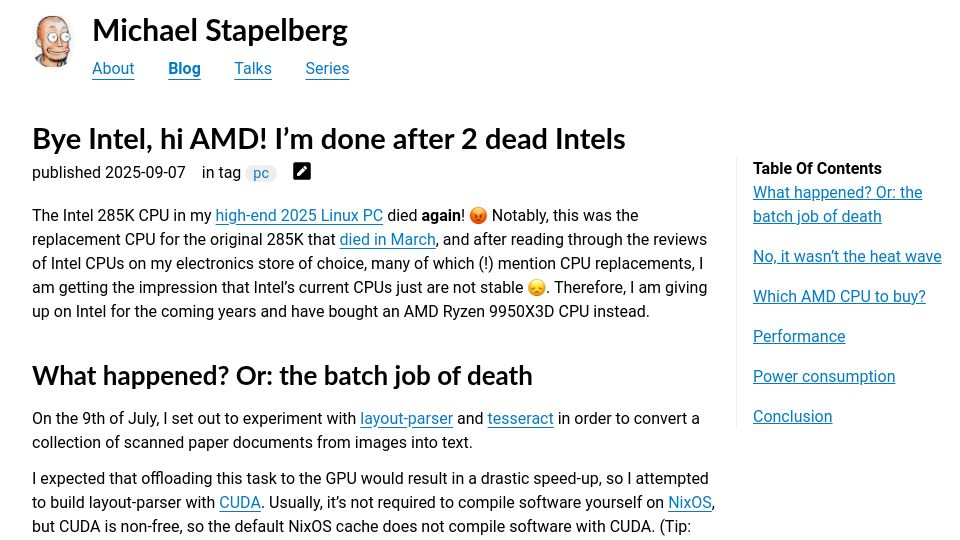 Screenshot of michael.stapelberg.ch: I am giving up on Intel and have bought an AMD Ryzen 9950X3D