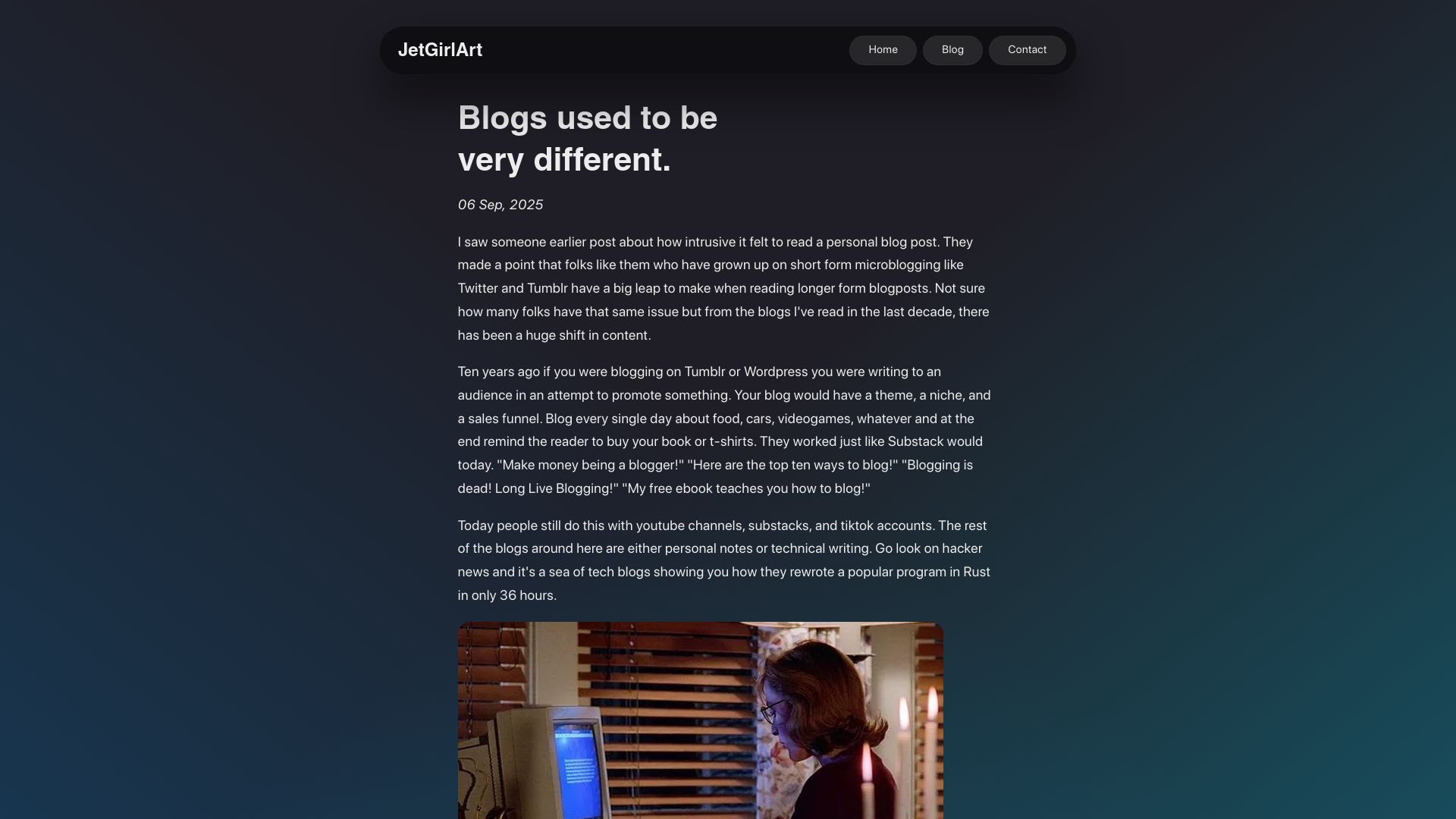 Screenshot of jetgirl.art: Blogs used to be different