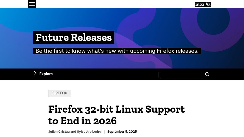 Screenshot of blog.mozilla.org: Firefox 32-bit Linux Support to End in 2026