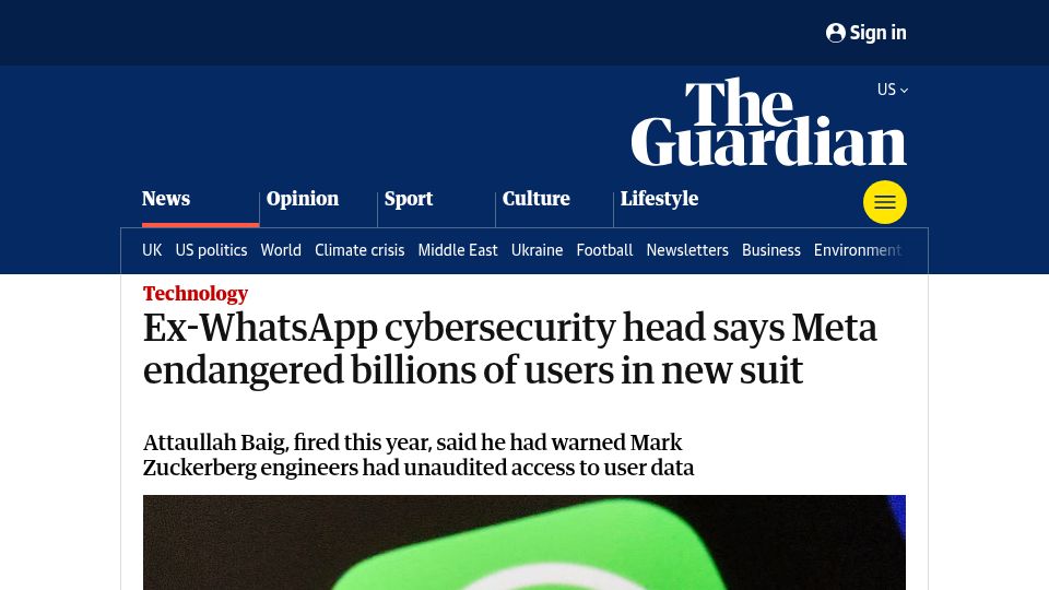 Screenshot of theguardian.com: Ex-WhatsApp cybersecurity head says Meta endangered billions of users