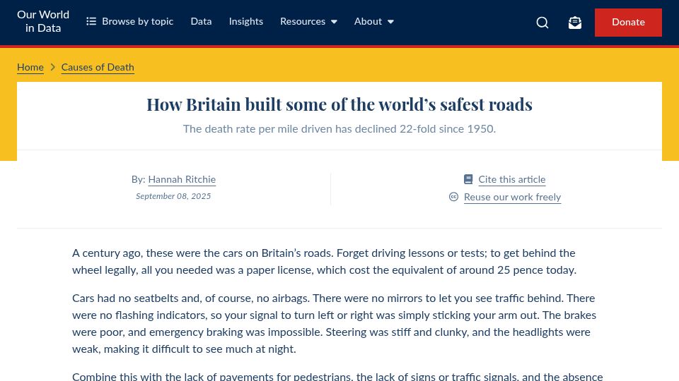 Screenshot of ourworldindata.org: How Britain built some of the world’s safest roads