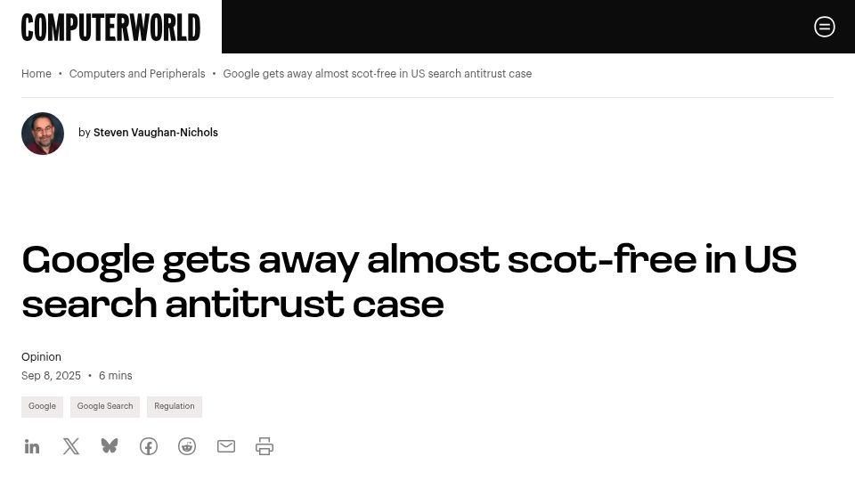 Screenshot of computerworld.com: Google gets away almost scot-free in US search antitrust case