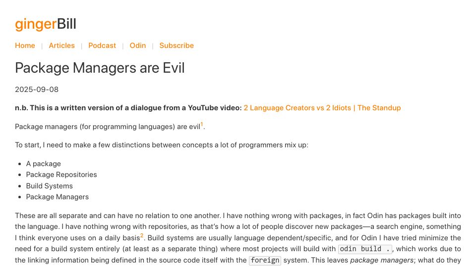 Screenshot of gingerbill.org: A critique of package managers