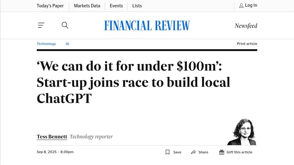 Screenshot of afr.com: Australian startup joins race to build local ChatGPT