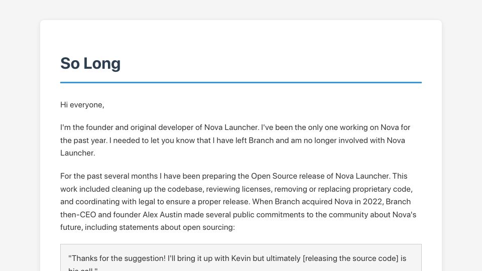 Screenshot of teslacoilapps.com: I have left Branch and am no longer involved with Nova Launcher