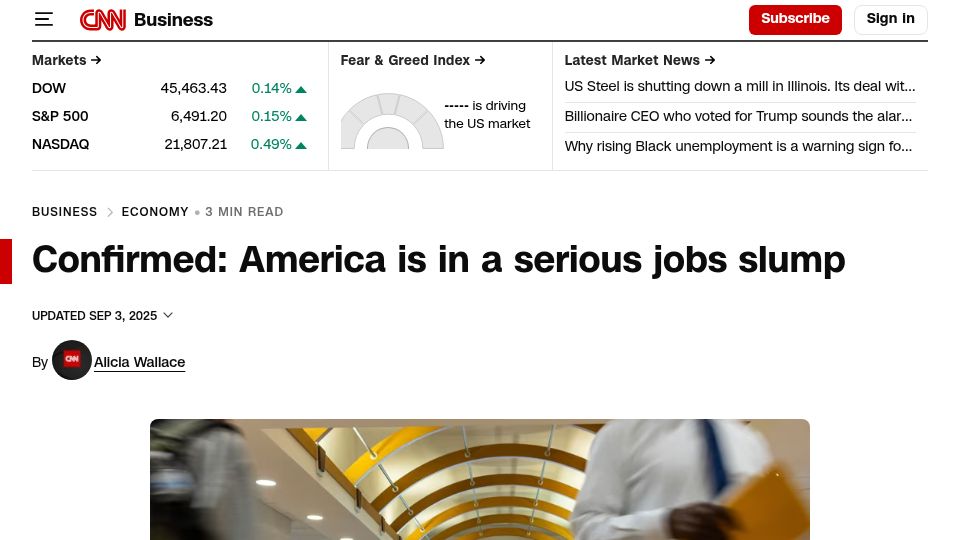 Screenshot of cnn.com: America is in a serious jobs slump