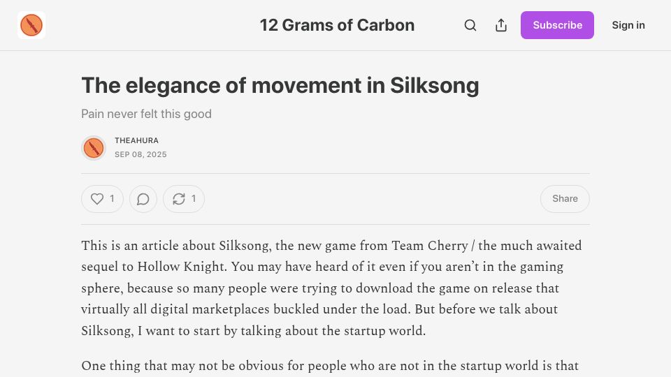 Screenshot of theahura.substack.com: The elegance of movement in Silksong