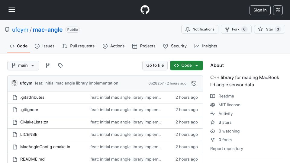 Screenshot of github.com: Show HN: C++ library for reading MacBook lid angle sensor data