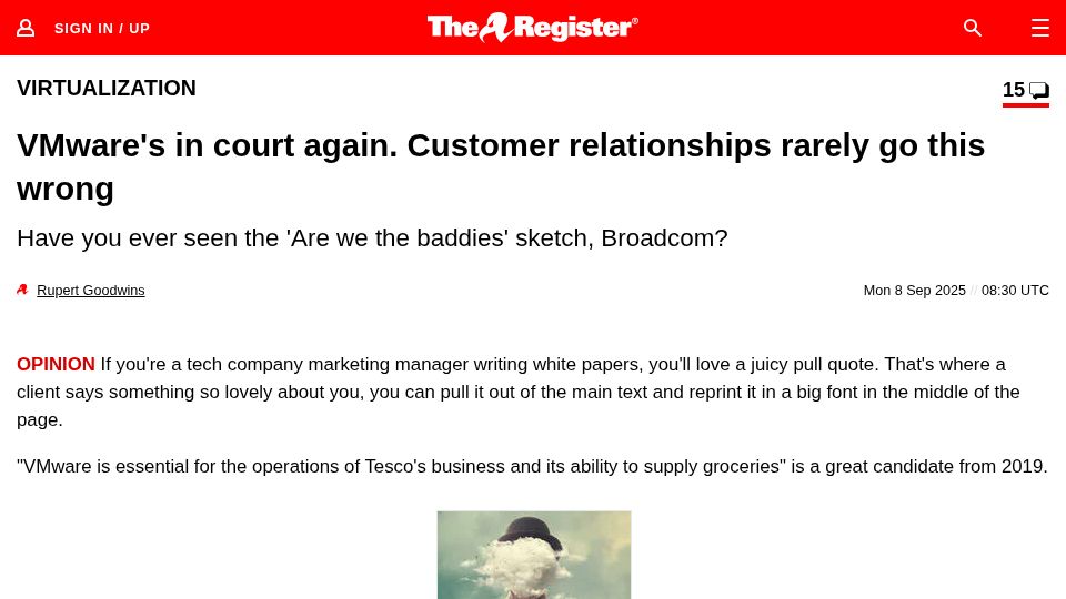 Screenshot of theregister.com: VMware's in court again. Customer relationships rarely go this wrong