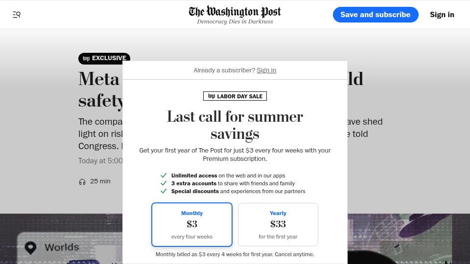 Screenshot of washingtonpost.com: Meta suppressed research on child safety, employees say
