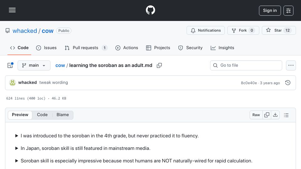 Screenshot of github.com: Learning the soroban as an adult (2022)