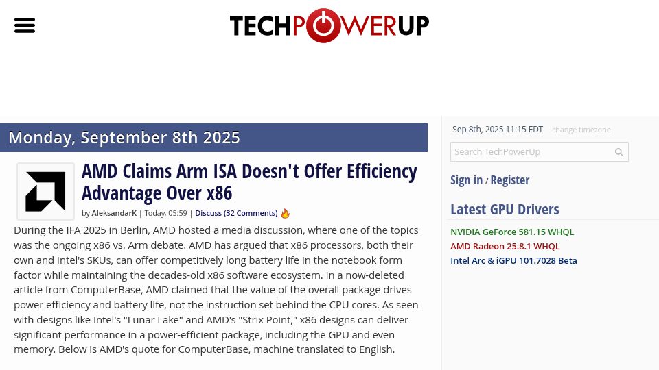 Screenshot of techpowerup.com: AMD claims Arm ISA doesn't offer efficiency advantage over x86