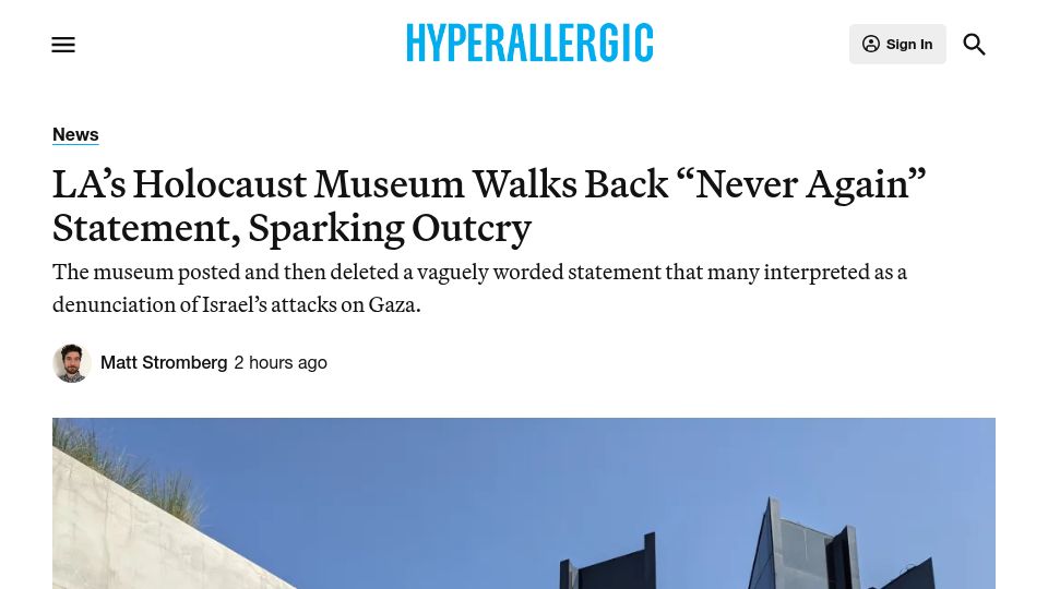 Screenshot of hyperallergic.com: US Holocaust museum removes anti-genocide post after being corelatted with Gaza