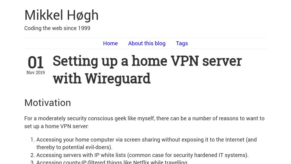 Screenshot of mikkel.hoegh.org: Setting up a home VPN server with WireGuard (2019)