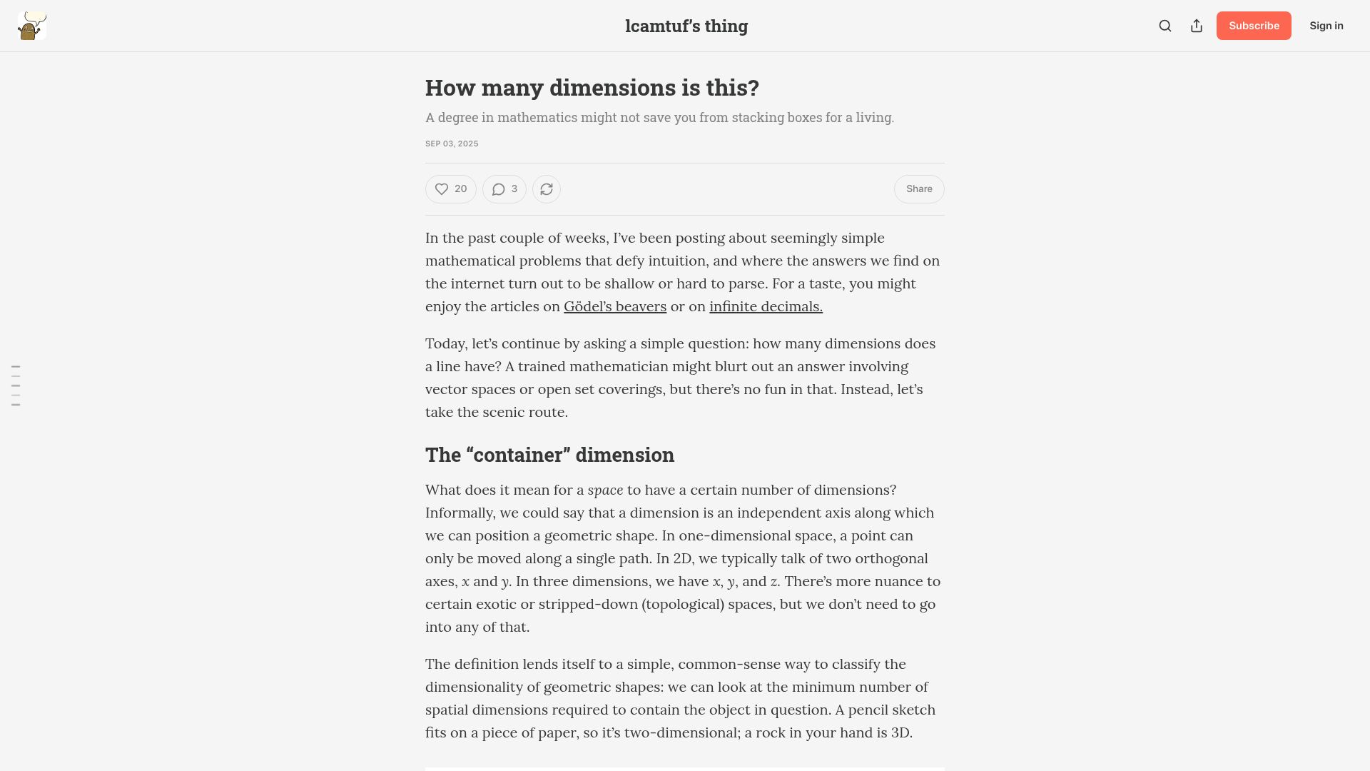 Screenshot of lcamtuf.substack.com: How many dimensions is this?