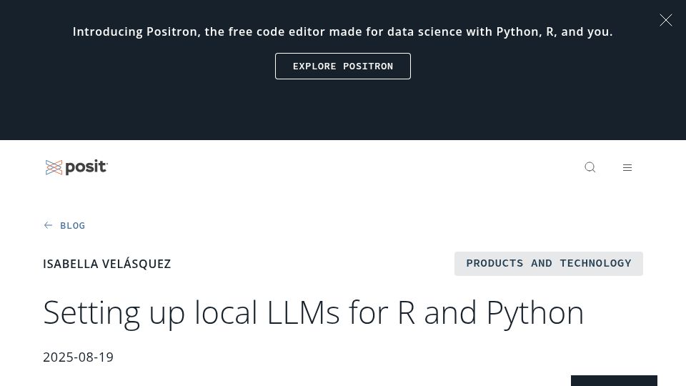 Screenshot of posit.co: Setting up local LLMs for R and Python