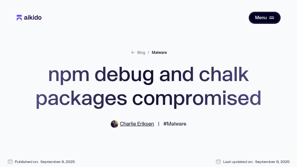 Screenshot of aikido.dev: NPM debug and chalk packages compromised