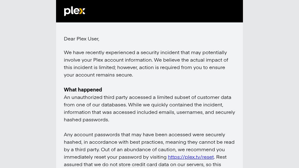 Screenshot of links.plex.tv: Plex Security Incident