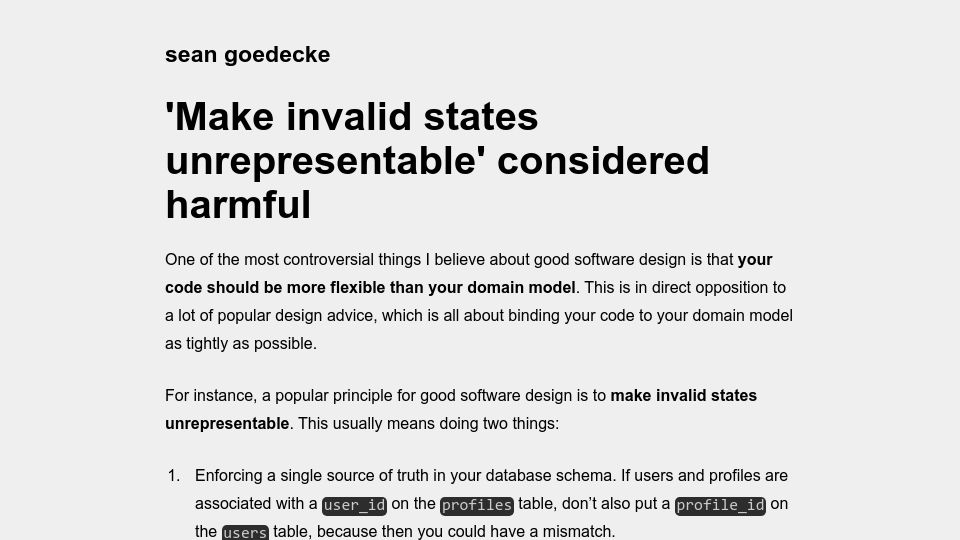 Screenshot of seangoedecke.com: 'Make invalid states unrepresentable' considered harmful
