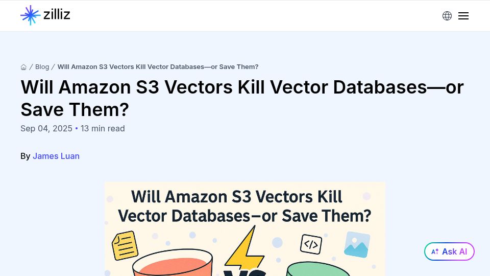 Screenshot of zilliz.com: Will Amazon S3 Vectors kill vector databases or save them?