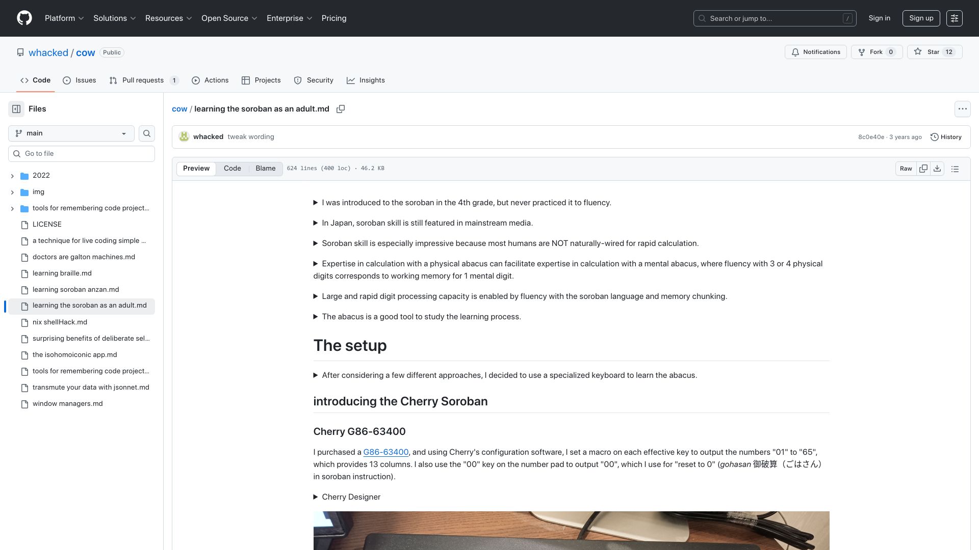 Screenshot of github.com: Learning the soroban as an adult (2022)