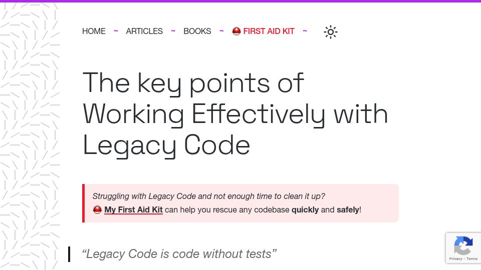 Screenshot of understandlegacycode.com: The key points of "Working Effectively with Legacy Code"