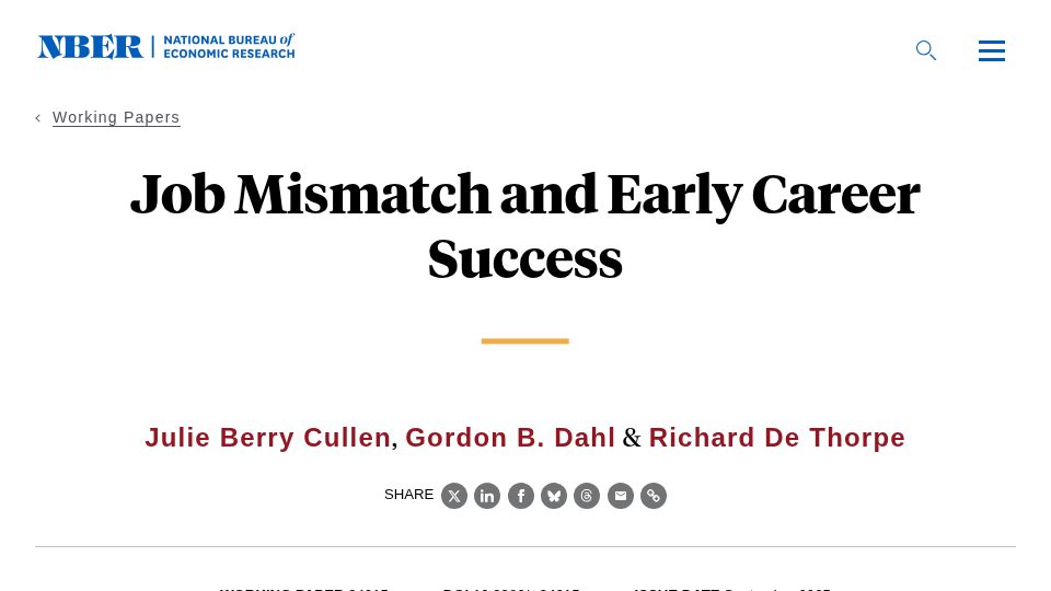 Screenshot of nber.org: Job mismatch and early career success