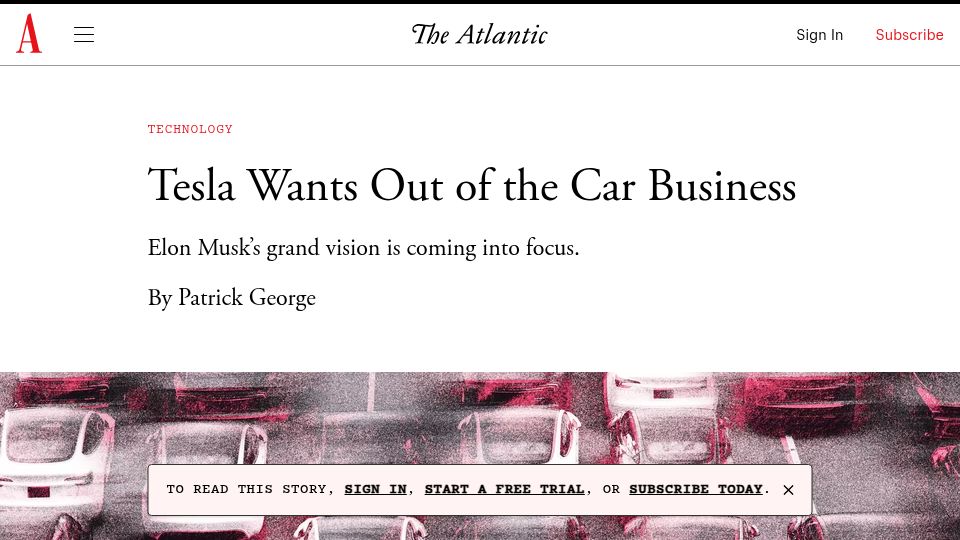 Screenshot of theatlantic.com: Tesla Wants Out of the Car Business