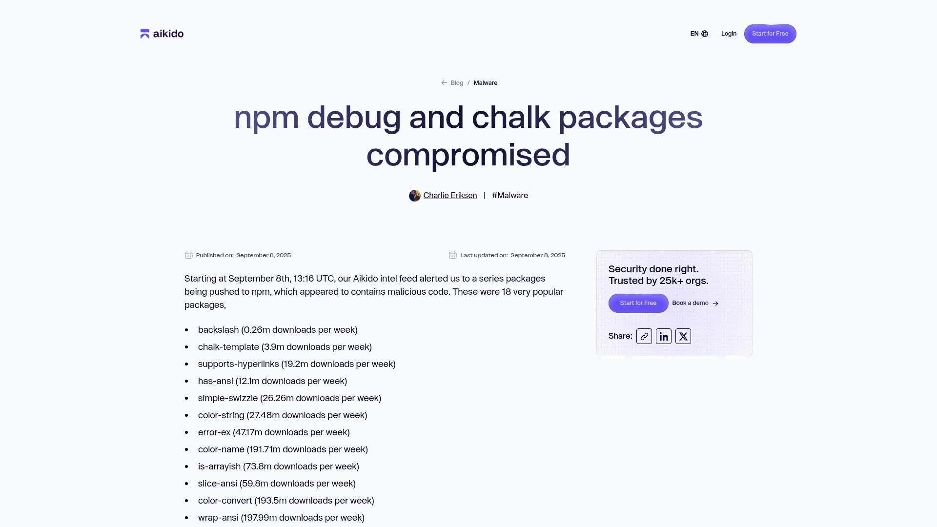 Screenshot of aikido.dev: NPM debug and chalk packages compromised
