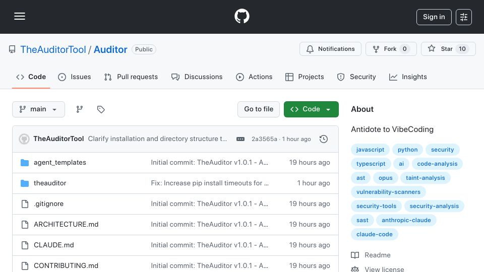 Screenshot of github.com: Show HN: TheAuditor – Offline security scanner for AI-generated code
