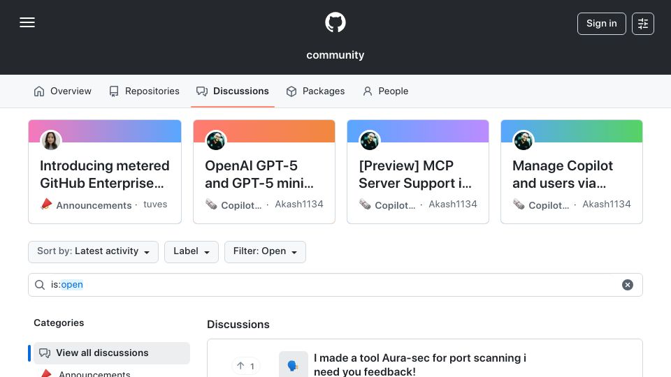 Screenshot of github.com: GitHub Community Discussions: Past year's top 2 requests are to disable Copilot