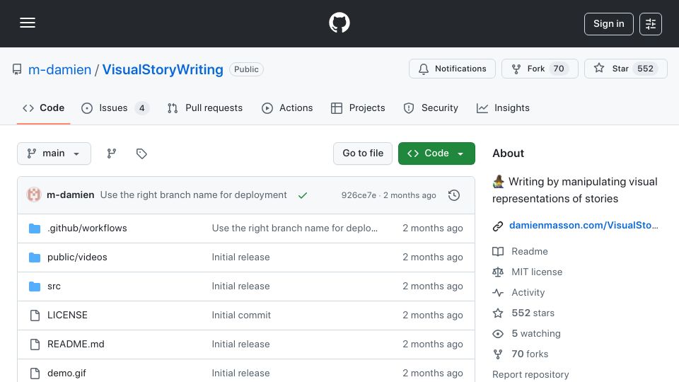 Screenshot of github.com: Writing by manipulating visual representations of stories