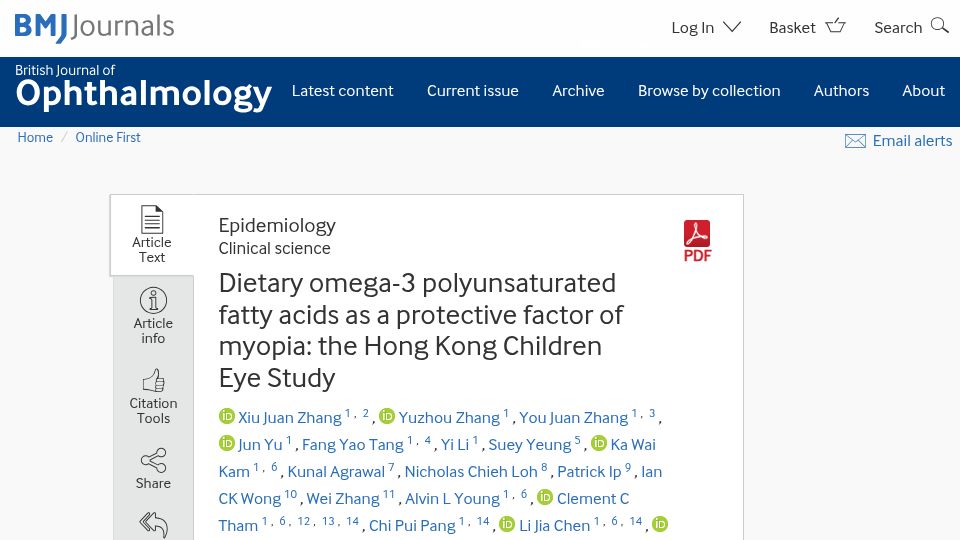 Screenshot of bjo.bmj.com: Dietary omega-3 polyunsaturated fatty acids as a protective factor of myopia