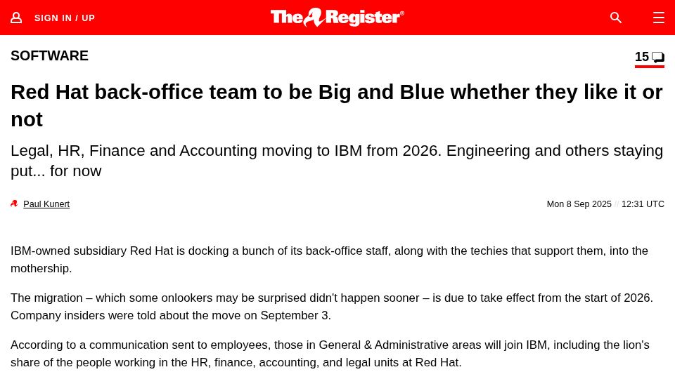 Screenshot of theregister.com: Red Hat back-office team to be Big and Blue whether they like it or not
