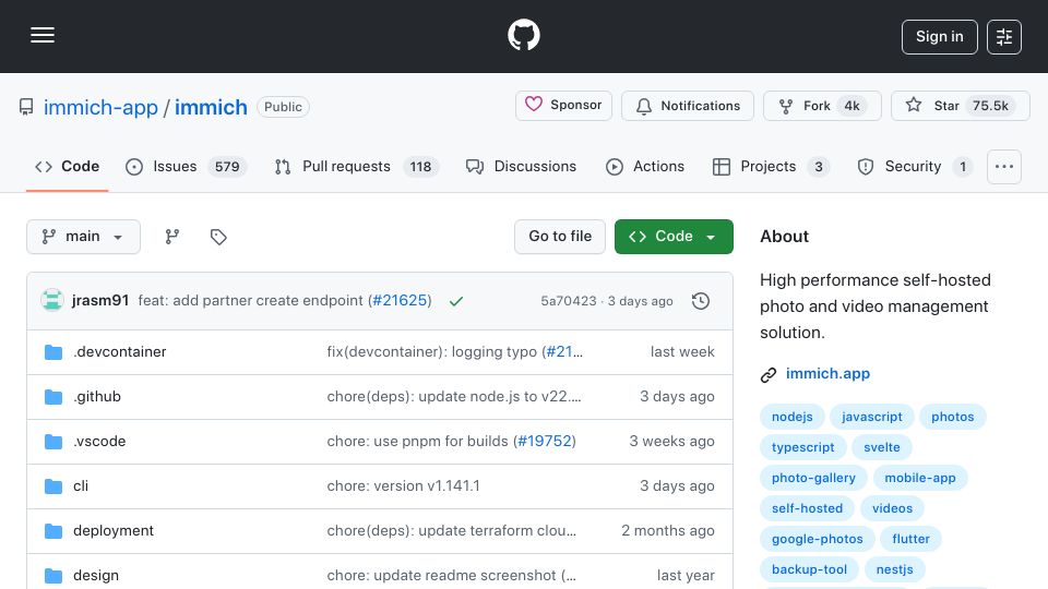 Screenshot of github.com: Immich – High performance self-hosted photo and video management