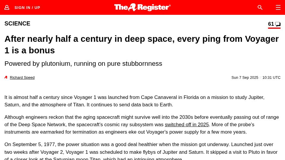 Screenshot of theregister.com: After nearly half a century in deep space, every ping from Voyager 1 is a bonus