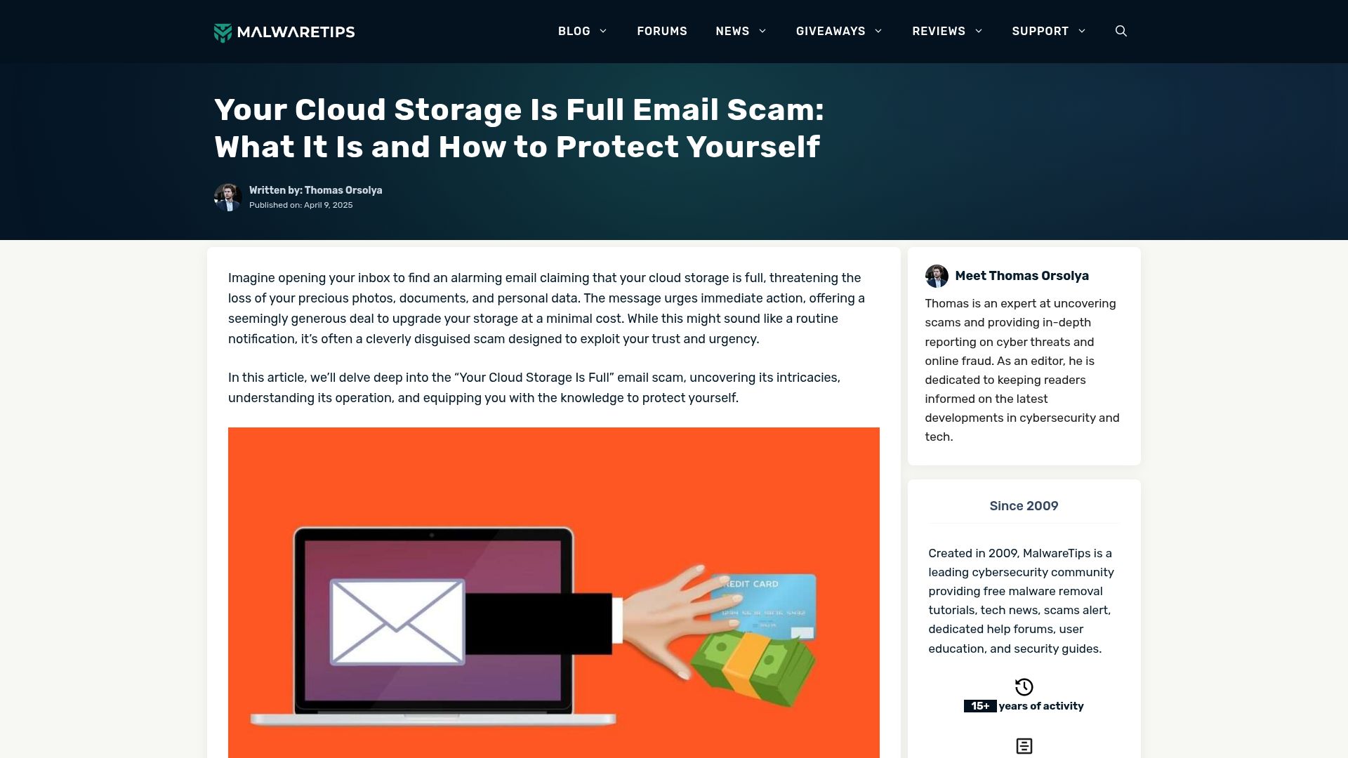 Screenshot of malwaretips.com: Cloud Storage Is Full Email Scam: What It Is and How to Protect Yourself