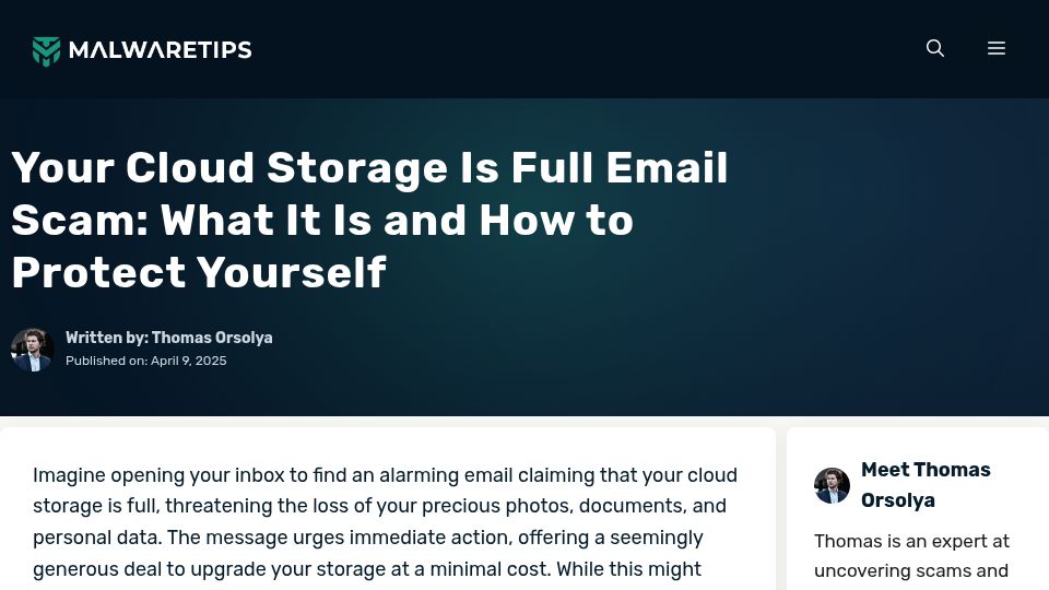 Screenshot of malwaretips.com: Cloud Storage Is Full Email Scam: What It Is and How to Protect Yourself