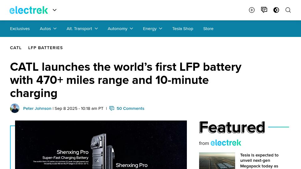 Screenshot of electrek.co: CATL launches LFP battery with 470 miles range and 10-minute charging