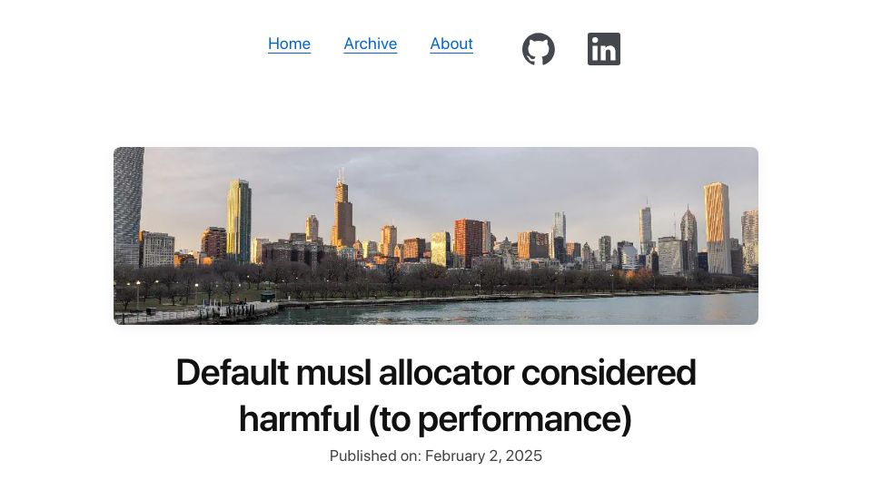 Screenshot of nickb.dev: Default musl allocator considered harmful to performance