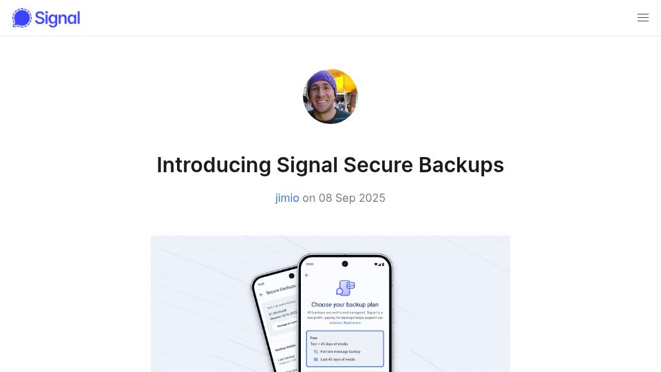 Screenshot of signal.org: Signal Secure Backups